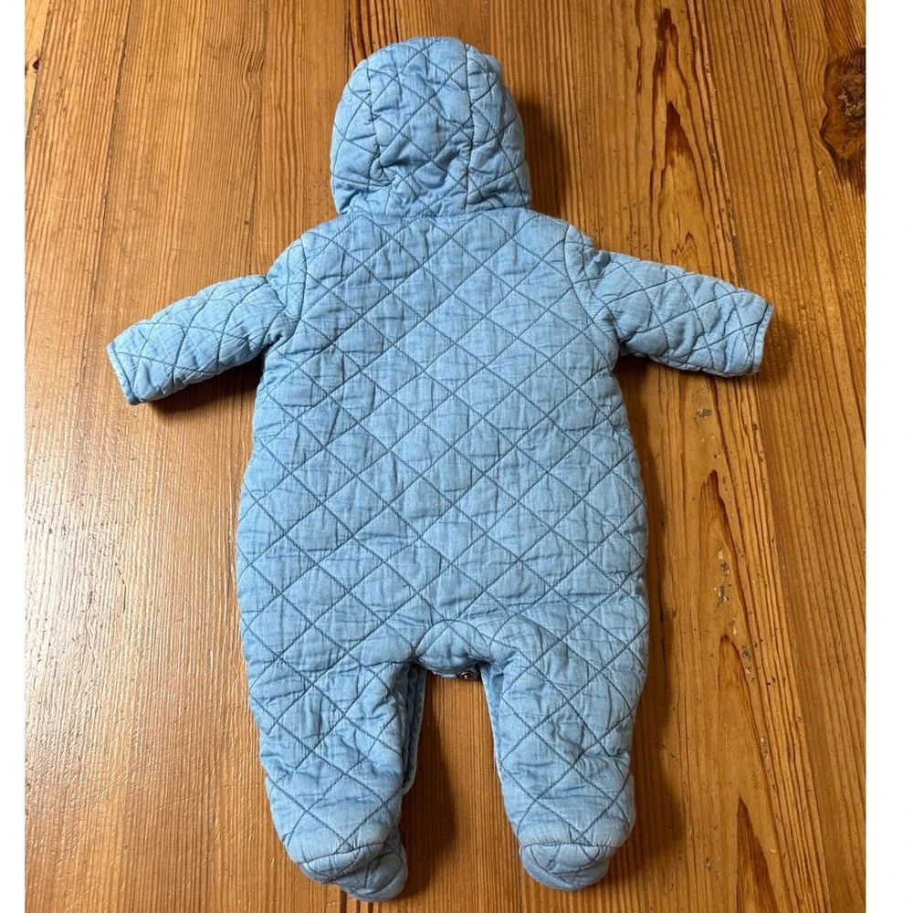 Gap Denim Bunting Baby Blue Quilted Bear Ear Hooded Puffer SIZE 0-3M